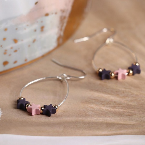 Silver Plated Wire Teardrop Earrings with Pink & Purple Stars by Peace of Mind